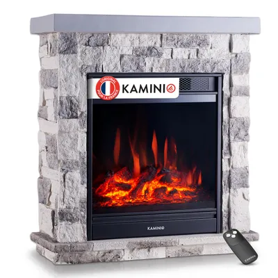 Image de Cheminée électrique KAMINIO JUAN - Cheminée électrique sur pied aspect pierre avec chauffage, effet de flammes en 3D, télécommande (gris)