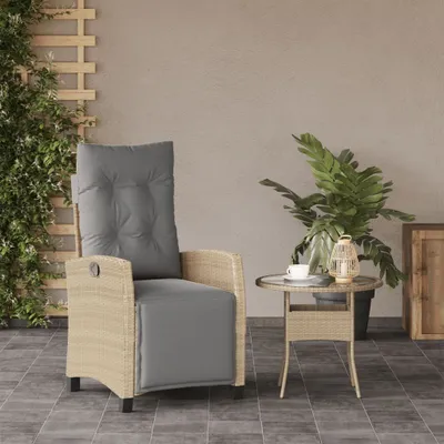 A patio scene with a chair and side table.