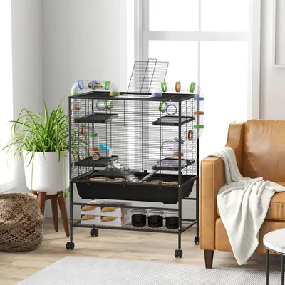 Zdjęcie produktu dla Klatka dla chomika z tunelami, kołem i domkiem | Kolor: Czarny | Wymiary: 46x82x109 cm
