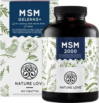 Immagine prodotto di Nature Love® MSM 2000 mg con vitamina C | 365 compresse | scorta per 6 mesi | polvere di MSM più compatta rispetto alle capsule | ad alto dosaggio | vegano