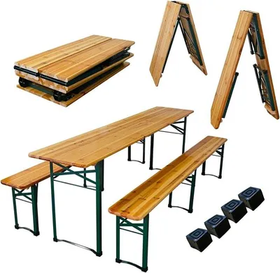 Produktbild von Bierzeltgarnitur mittig klappbar 220 cm breit 3-teilig 1x Tisch 2X Bierbank, lackiertes Holz inkl. 16x Bodenschoner aus Kunststoff Biertischgarnitur Festzeltgarnitur Gartenmöbel-Set
