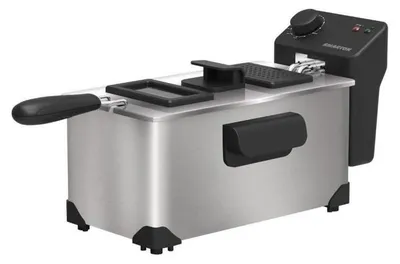 A stainless steel deep fryer with a black control panel and handle, shown from a three-quarter angle against a white background.