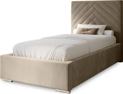 Produktbild von Polsterbett Aura 90x200 cm, Bett mit Kopfteil, Doppelbett mit Bettkasten, Lattenrost und Matratze aus Holz, Velourstoff: Hellbraun
