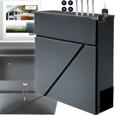 A dark grey mailbox is shown with its door open, revealing the interior. Accessories like screws and keys are placed on top.