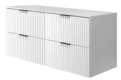 A white, modern cabinet with fluted drawer fronts and black handles, presented against a white background.