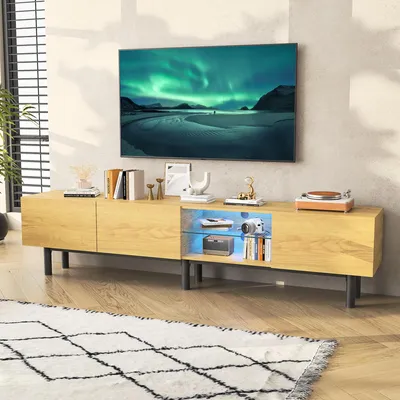 Obrázok produktu pre Moderný nízky TV stolík s LED osvetlením, 3 dvierka, 175 x 31 x 41 cm, svetlý dub
