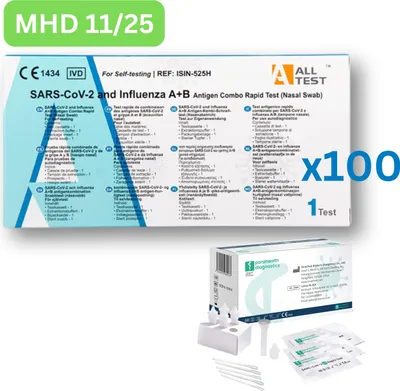 Zdjęcie produktu dla Alltest COVID & Influenza A+B antygen szybki test (wymaz z nosa, test świeży) 100 szt. BBD 11/25| pojedynczy test | ID: 2099 | DARMOWE testy parahealth (5 szt., BBD 12/25)