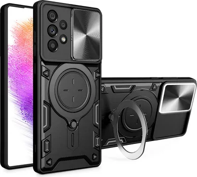 Produktbild von Handyhülle für Samsung Galaxy A73 5G Dual-Layer Stoßfest Rüstung Hülle mit Dia Kameraschutz und Kreisförmig Ring Ständer Schwarz