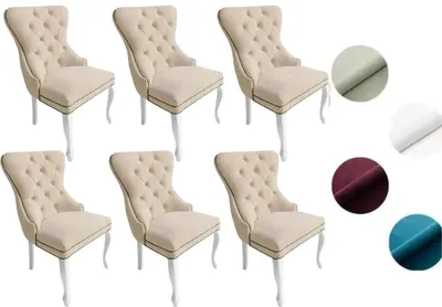 Produktbild von Chesterfield Stuhl MADAME 2 (6 Stück) – eleganter Polsterstuhl im Glamour-Stil, Samt Beige, Holzbeine in Weiß, Komfortsitz