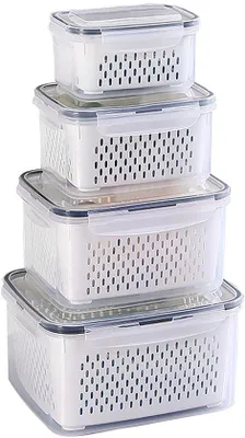 Image de Lot de 4 boîtes de conservation avec couvercle et tamis amovible, en plastique, pour fruits, légumes, salade, baies, œufs et pommes de terre (4,15 L + 3,15 L + 1,7 L + 0,8 L)