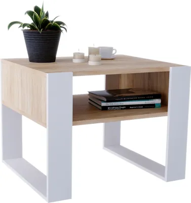 Produktbild von Couchtisch – modernes rustikales Design – Wohnzimmer-Tisch Beistelltisch Kaffeetisch Sofatisch Teetisch aus Holz (Eiche - Weiß Matt) - 65x45x53,6