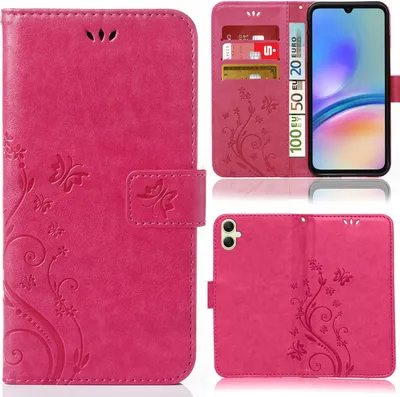 A collage of images showing a pink phone case with a floral and butterfly pattern, displayed from different angles and with a phone inserted.