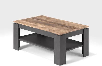 A coffee table with a wooden top and a gray base with a shelf.