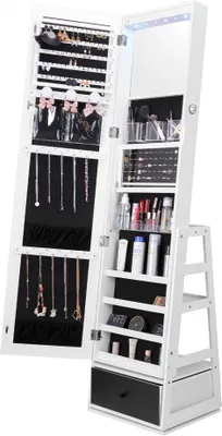 Produktbild von Spiegel Schmuckschrank - 360° Schwenkbarer Standspiegel mit Ablage - Weißer Kosmetikspiegel für Schmuckaufbewahrung und Make-up