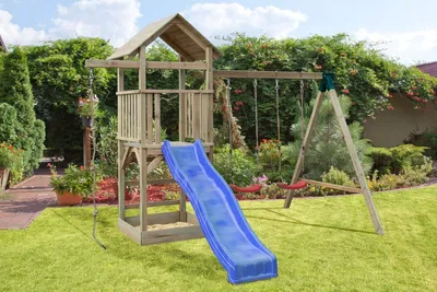 Produktbild von Spielturm mit Rutsche und Sandkasten, Schaukel und Kletterseil
