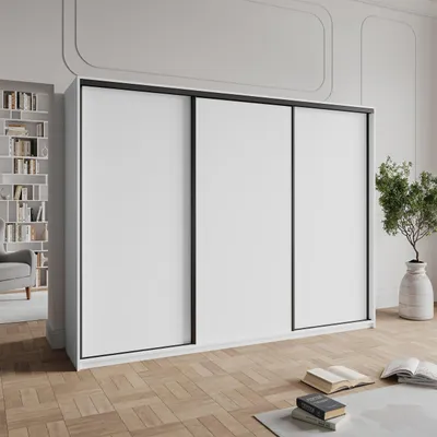 Produktbild von Masseno Schiebetürenschrank NISSE 250/205/60 cm Kleiderschrank mit 4 Schubladen Schlafzimmer Schrank 3-türig Weiß