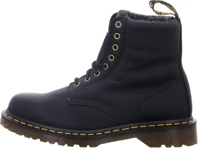 A black leather boot with a white background.