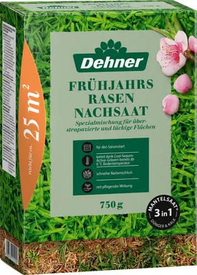 Produktbild von Dehner Saatgut Frühjahrs-Nachsaat, hochwertige Mantelsaat für dichten Rasen, schnell keimend / nährstoffreich / regenerierend, ideal zur Lückenschließung nach dem Winter, 750 g für ca. 25 m²