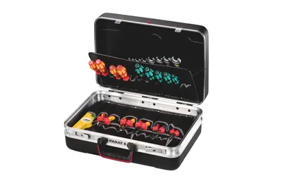 An open tool case with various tools neatly organized inside.