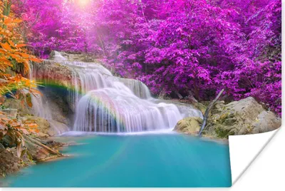Produktbild von MuchoWow® Poster Wasserfall - Bäume - Regenbogen - Lila 120x80 cm - Bilder