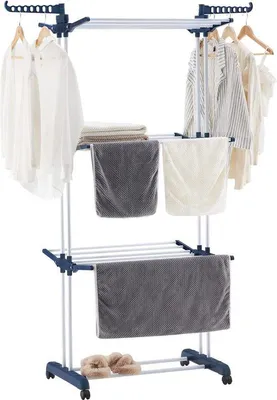 Image de Séchoir à linge pliable à 4 niveaux, peu encombrant, avec roulettes et crochets