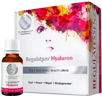 A bottle of Dr. Niedermaier RegulatPro Hyaluron anti-aging beauty drink next to its packaging.