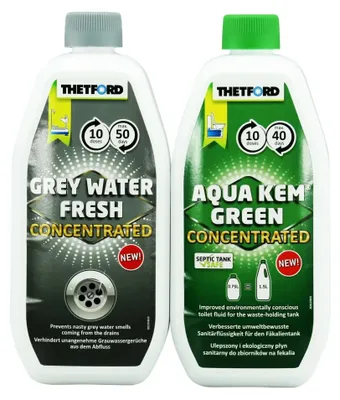 Productafbeelding van Set Camping Toiletvloeistof 0,75 L Aqua Kem Green & 0,80 L Grey Water Fresh Chemische Toiletvloeistof voor Camper