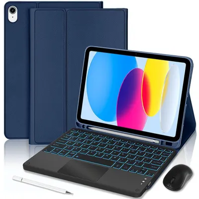 Image de Coque Clavier pour iPad A16 (11") / iPad 10 (10,9") CuirPolyuréthaneBleu Marine avec Clavier Rétroéclairé + Souris + Stylet