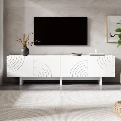 Obrázok produktu pre Televízna skrinka Merax so 4 dverami, moderná nízka televízna skrinka s geometrickým oblúkovým vzorom, televízna skrinka z drevotrieskovej dosky s úložným priestorom a systémom na vedenie káblov, biela