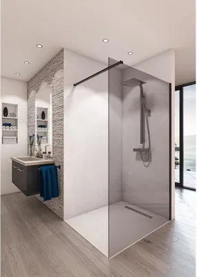 Produktbild von SAINT-GOBAIN Duschwand im Kit BALEARES GREY - Zeitloses 8 mm gehärtetes Glas - L.120 cm x H.198 cm - Mattschwarzes Profil