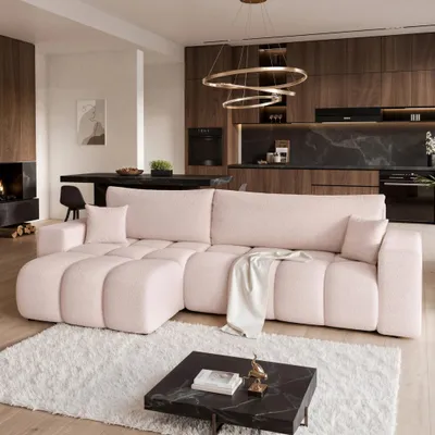 Produktbild von Universelles Ecksofa Liverno XL mit Schlaffunktion Centaur 05 Puderrosa Boucle Bettkasten