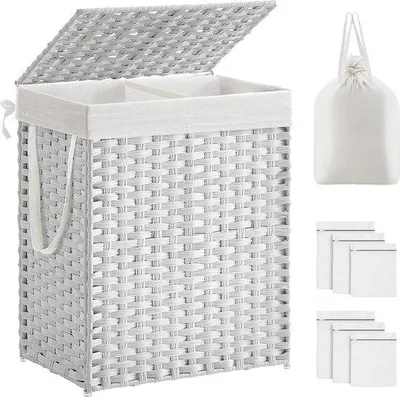 Image de Panier à linge blanc de 90 litres avec couvercle et 2 compartiments