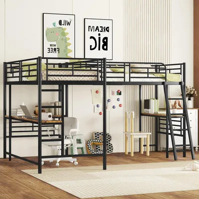 Obrázek produktu pro MODFU patrová postel kovová postel 90×200 cm s pracovním stolem, 2 patrové postele se stolem a dvojitým schodištěm, černá (bez matrace)