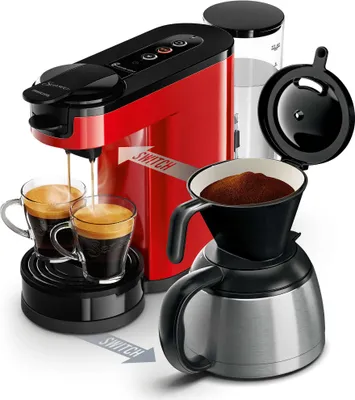 Philips Senseo® Switch 2-in-1 Pad und Filter Kaffeemaschine mit Thermo Kanne + Intensitätsregler, Rot (HD6592/84)
