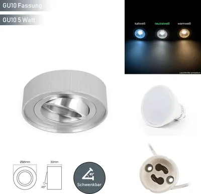 Image de LED line Plafonnier ROLLO MIDI Encastré Orientable 45° Rond Blanc en aluminium avec douille GU10 Ampoule 5W Blanc neutre