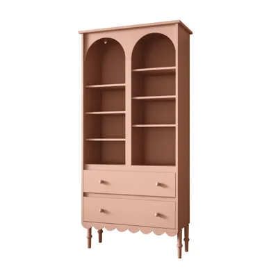 A pink children's bookshelf with two arched sections and two drawers.