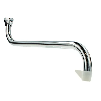 A chrome-plated S-shaped spout for a water heater, with a white plastic end cap, is shown against a white background.