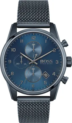 A close-up, front-facing view of a Hugo Boss men's chronograph watch with a blue dial and a dark gray mesh strap.