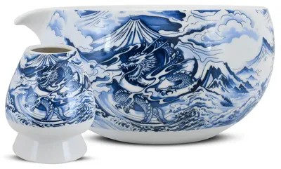 Produktbild von Cebador - Matcha Set Dragon 2-Teilig - Blau Weiß Keramik Matchawan Schale 350ml - Kusenaoshi Halter - Traditionelle Teezeremonie