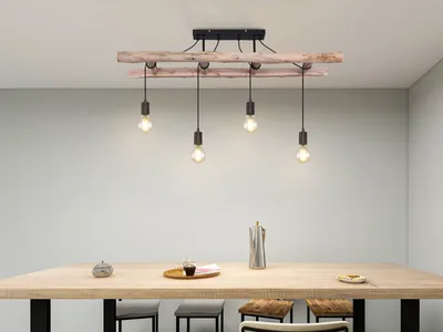 Produktbild von 4er LED Deckenleuchte mit Holzbalken für über Esstisch ausgefallene Küchenlampen