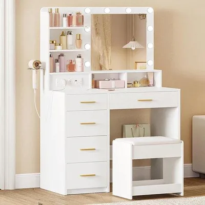 Productafbeelding van Kaptafel met verlichting - Make-uptafel - Mooier maken - Met stopcontact en föhnhouder - 90 cm breed - Wit