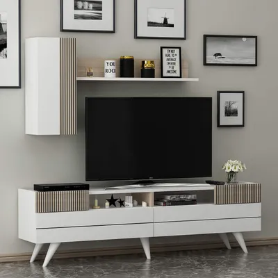 Immagine prodotto di HOMIDEA Mobile TV a basso profilo, mobile TV, parete attrezzata con 2 ante e mensole a parete. Design moderno (bianco/Avola)