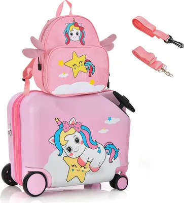 Produktbild von COSTWAY 2tlg Kinderkoffer + Rucksack, 12"+18" Kindertrolley mit Rollen und wasserdichter Hartschale, Kindergepäck, Rollkoffer mit Rucksack für Jungen und Mädchen (Einhorn)
