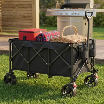 Produktbild von SONGMICS Faltbarer Handwagen mit Griff, Bollerwagen, 4 abnehmbare Rollen, 200 L, bis 150 kg, Outdoor, Garten, schwarz