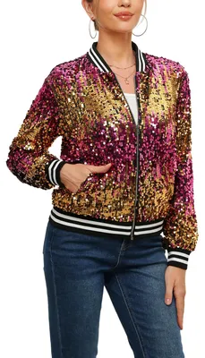 Produktbild von YYPBI Damen Pailletten Jacke Bomberjacke langärmelig glitzernder Bomber Jacke Me