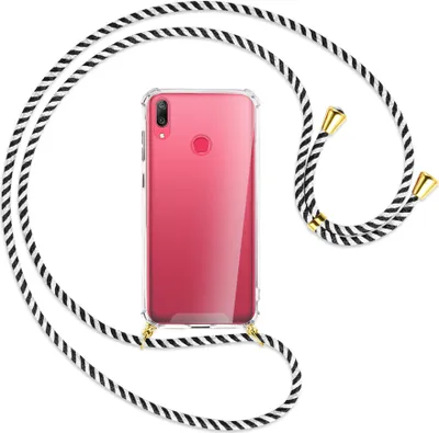 Produktbild von Handykette Backcover-Schutzhülle mit Band (Metall goldfarben) für Huawei Y7 2019, Y7 Prime 2019 - schwarz/weiß gestreift