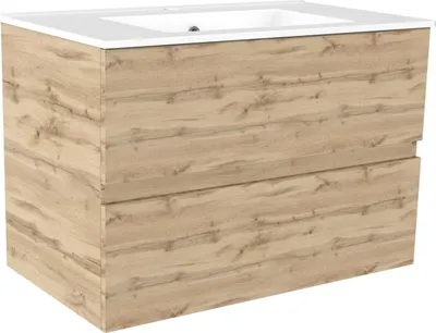 Image de Meuble de salle de bains 80cm 2 Tiroirs_Chêne Naturel + Vasque céramique blanche - TIMBER 80