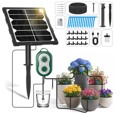 Produktbild von Solar Bewässerungssystem Garten mit Steuergerät, Wiederaufladbar Automatische Bewässerung 132 Timer-Modi Bewässerungssystem Balkon für 15 Topfpflanzen