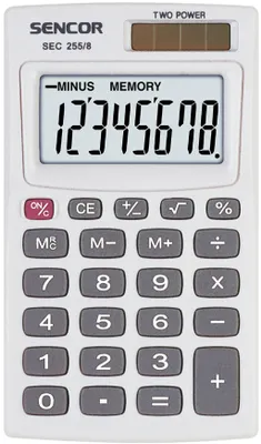 Obrázek produktu pro SENCOR SEC 255/ 8 Kapesní kalkulačka, velký 8-mi místný LCD displej, výpočet odmocniny, procent, nezávislá paměť, duální napájení