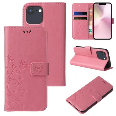 Produktbild von Handyhülle für Apple iPhone 17e Floral Blumen Schmetterling Flip Cover Hülle Case Klapphülle Handytasche Farbe: Rosegold